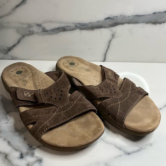 Earth Origins | Brown Leather Hook & Loop Comfort Slides Shelby Sandals Sz 9 - Picture 1 of 4